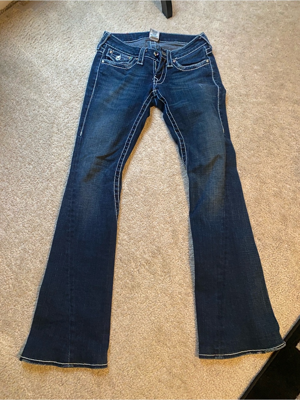 True Religion Dark Blue Flare Jeans with White Contrast Stitching and Rhinestone